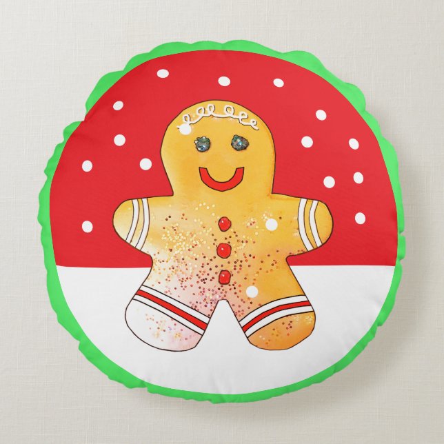Round Gingerbread Boy Snow Pillow Rund Kudde (Framsidan)