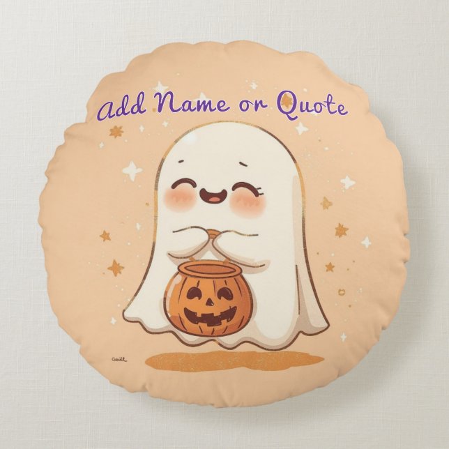 Round Halloween Ghost Pillow - redigerbar Rund Kudde (Framsidan)