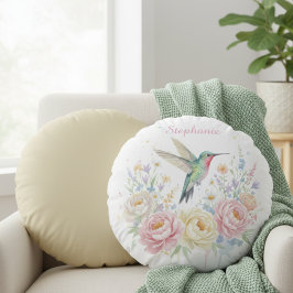 Round Hummingbird Floral Pillow – Personalized Rund Kudde