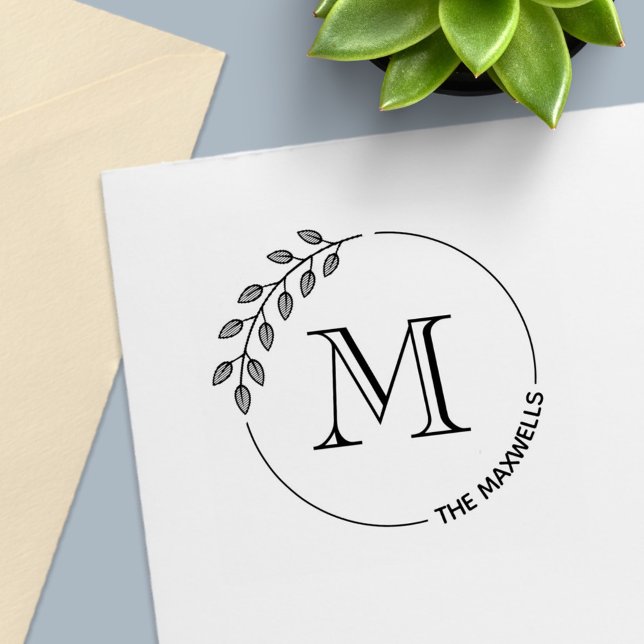 Round Leaves Wreath Monogram Initial Family Name Självfärgande Stämpel (Skapare uppladdad)
