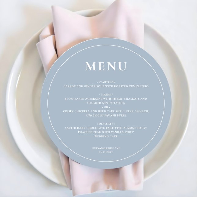 Round Modern Simple Dusty Blue Bröllop Menu Julkort (Skapare uppladdad)