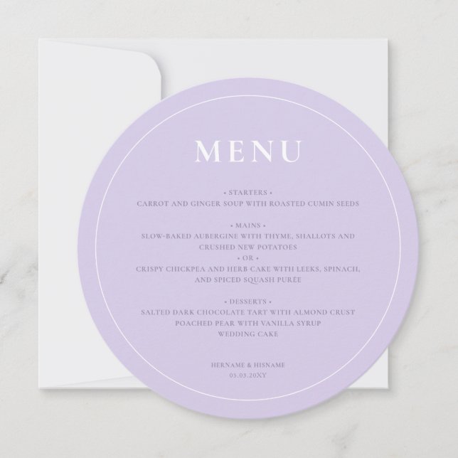 Round Modern Simple Lavender Lilac Bröllop Menu Julkort (Framsida)