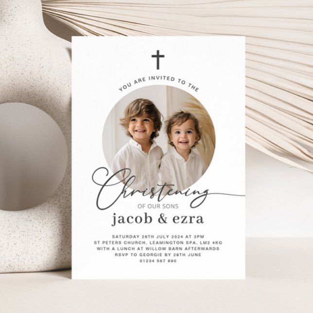 Round Photo Joint Boys Christening-inbjudan Inbjudningar (Round Photo Joint Boys Christening Invitation)