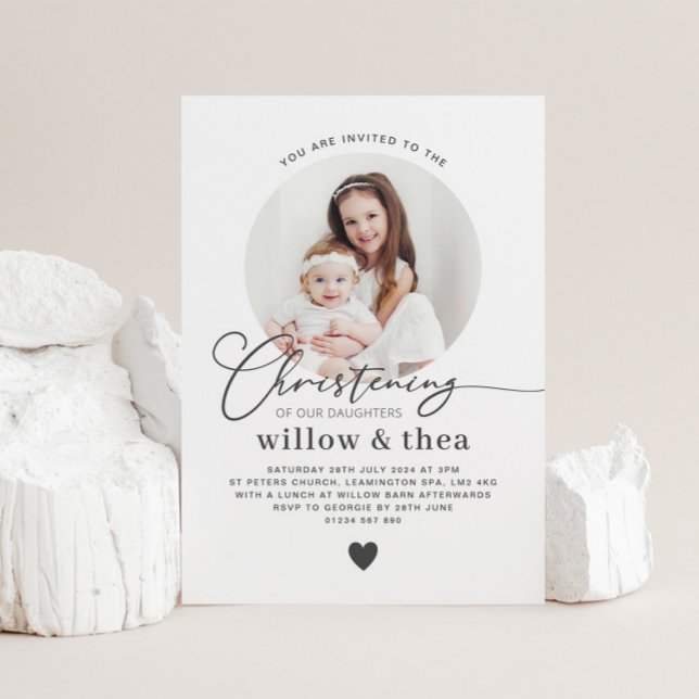 Round Photo Joint Girls Christening-inbjudan Inbjudningar (Round Photo Joint Girls Christening Invitation)