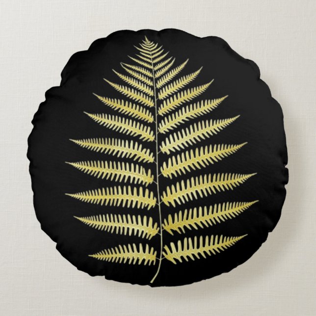 Round Pillow Gold Fern Leaf Luxe Botanical Art Rund Kudde (Framsidan)