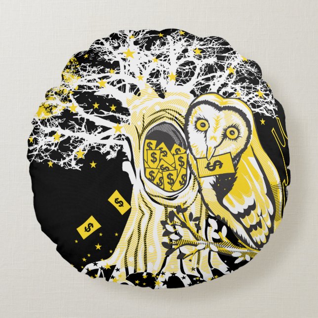Round Pillow – Urban Tree Owl & Wealth Surreal Pop Rund Kudde (Framsidan)