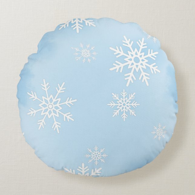  Round Pillow with White Snowflakes on Blue Backgr Rund Kudde (Framsidan)