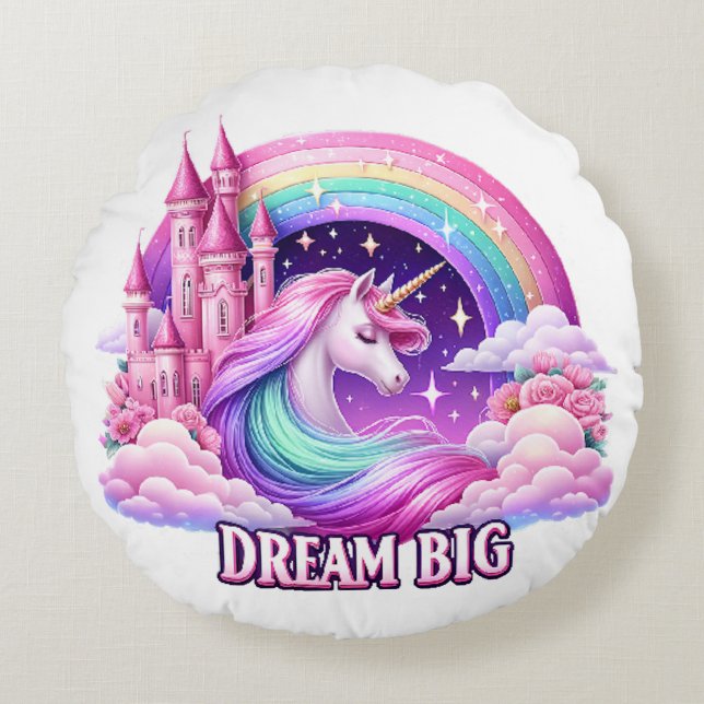 Round PilloWhimsical Unicorn Rainbow Pillow Rund Kudde (Framsidan)