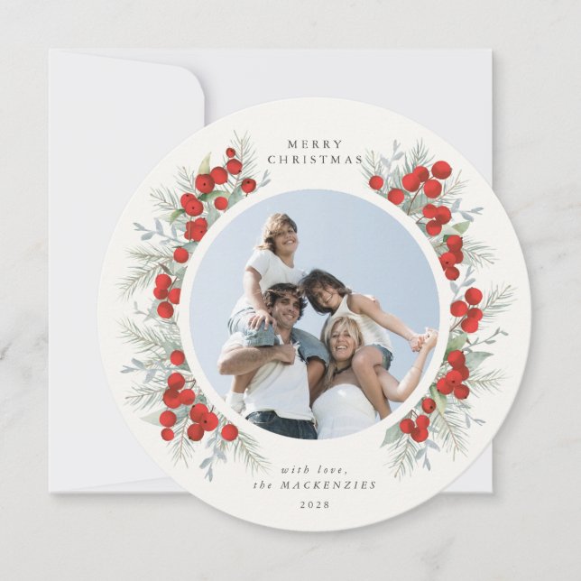 Round Red Berries - julfotfoto, Helgdag Kort (Framsida)