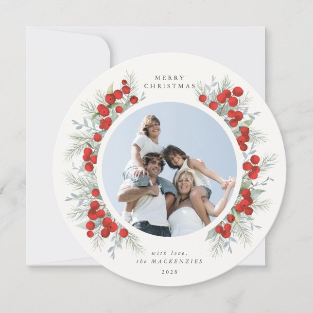 Round Red Berries - julfotfoto, Helgdag Kort (Framsida)