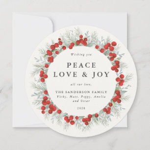 Round Red Berries Peace Kärlek + Joy Helgdag Card Julkort