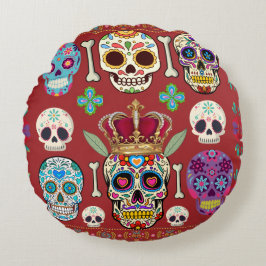 Round red Cushion - Gothic - skull and bones Rund Kudde