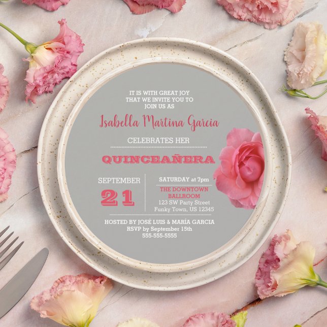 Round Ro Grått Quinceañera-inbjudan Inbjudningar (Skapare uppladdad)
