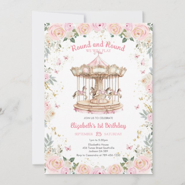 Round & Round Floral Carousel Birthday Invitation Inbjudningar (Framsida)