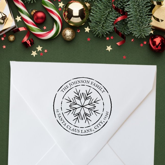 Round Snowflake Family Namn Returadress Stämpel (Snowflake Family Emblem Seal + Address Rubber Stamp)