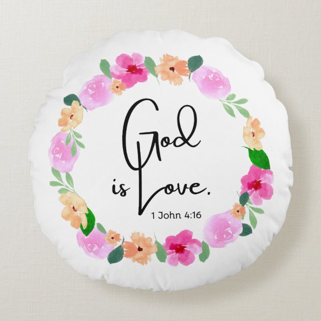 Round Throw Pillow God is Love Bible Verse Rund Kudde (Framsidan)
