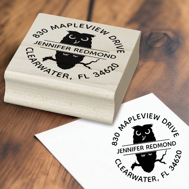 Round Uggla Älskare Returadress Rubber Frimärke Stämpel (Wise Owl Returns: Round Owl Lover's Address Stamp 🦉)