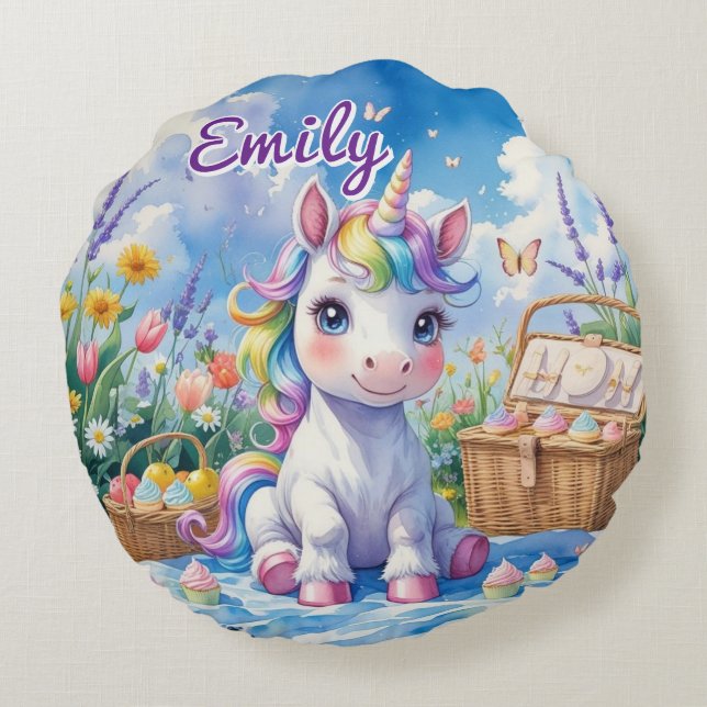 Round Unicorn Picnic Pillow - Editable Namn Rund Kudde (Baksidan)
