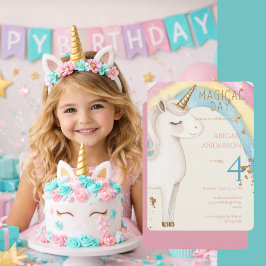 Rounded Magical Day Unicorn Girl Birthday Party Inbjudningar
