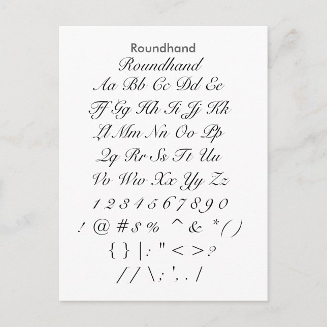 Roundhand - Zazzle Font Sampler Lakan Vykort (Framsida)