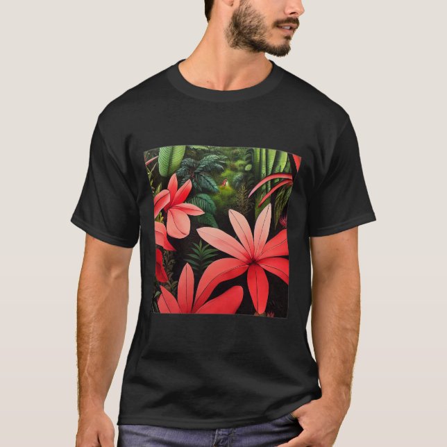 Rousseau Jungle Flowers Basic Mörk T-Shirt (Framsida)