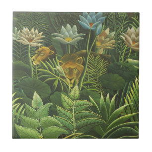 Rousseau Tropical Jungle Lejon Painting Kakelplatta