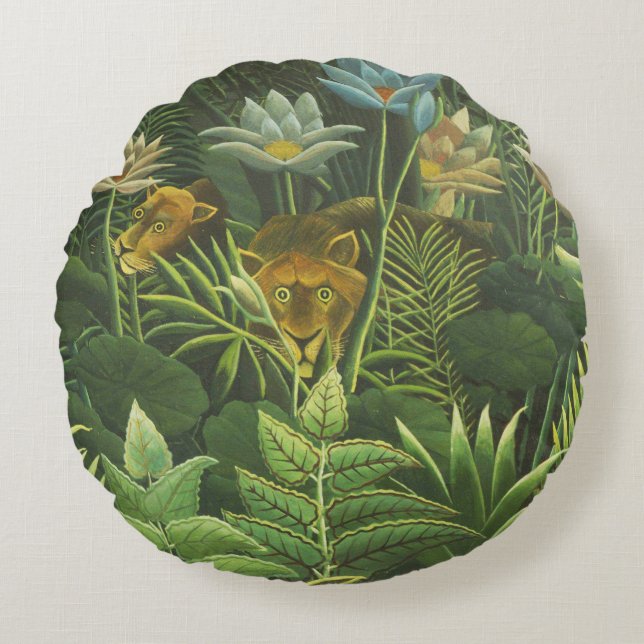 Rousseau Tropical Jungle Lejon Painting Rund Kudde (Framsidan)