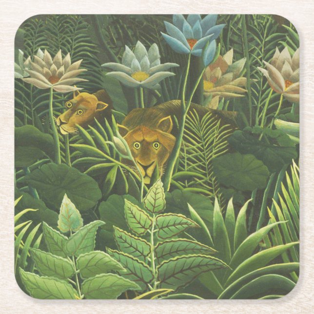 Rousseau Tropical Jungle Lejon Painting Underlägg Papper Kvadrat (Framsidan)
