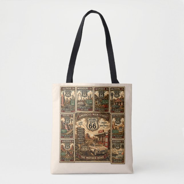 Route 66 Carryall Roadside Americana Collage Art Tygkasse (Framsida)