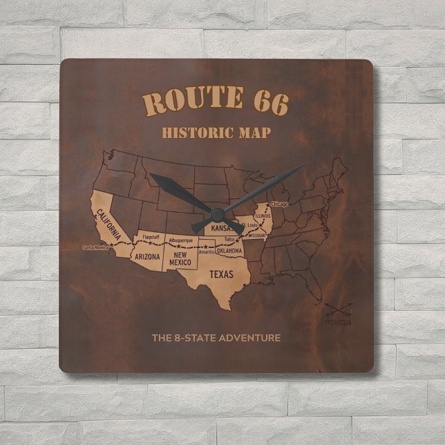 Route 66 Centennial 8-State Map Decor Fyrkantig Klocka (Skapare uppladdad)