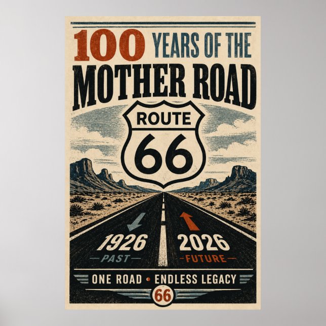 Route 66 Centennial Desert Highway Hyllningskonst Poster (Framsidan)