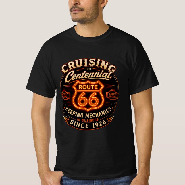 Route 66 Centennial Neon Mekariker Kläder T Shirt (Framsida)