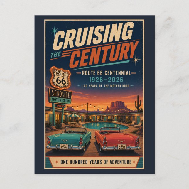 Route 66 Centennial Retro Motel Poolside Vykort (Framsida)