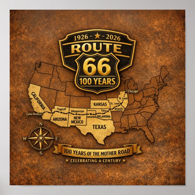 Route 66 Centennial Vintage Map Design Poster (Framsidan)