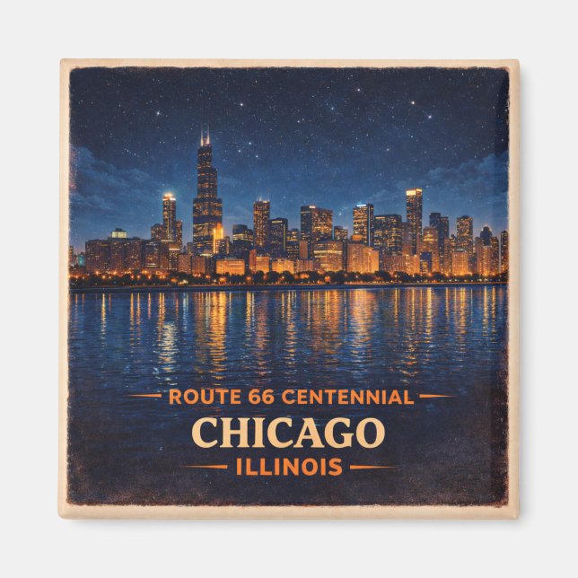Route 66 Chicago Skyline Kylskåpsminne Magnet (Framsidan)