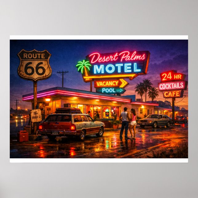 Route 66 Desert Palms Motel Glöd Poster (Framsidan)