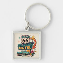 Route 66 Drömfärd Retro Road Trip Charm Fyrkantig Silverfärgad Nyckelring