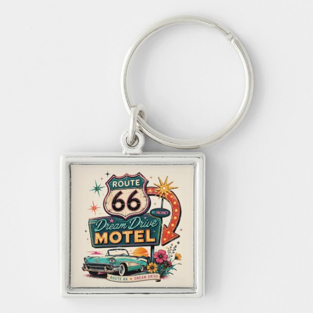 Route 66 Drömfärd Retro Road Trip Charm Fyrkantig Silverfärgad Nyckelring (Framsidan)