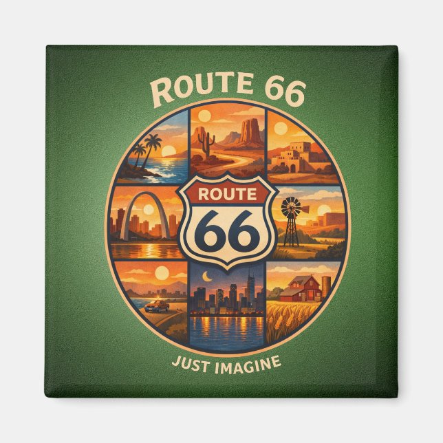 Route 66 Drömstopps Sage Gröna Resescener Magnet (Framsidan)