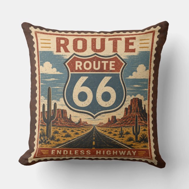 Route 66 Endless Highway Vintage Postage Sängkläde Kudde (Framsida)