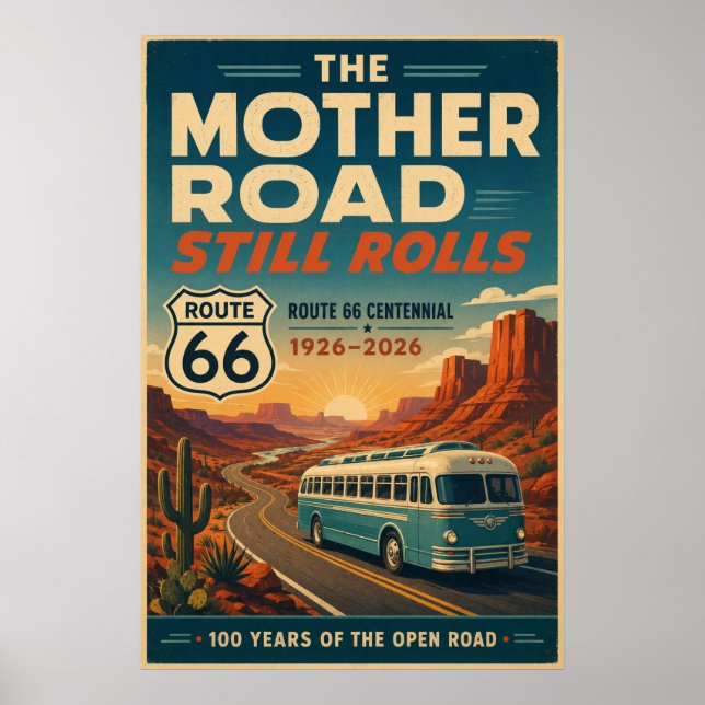 Route 66 Mother Road Buss Centennial Ökenkonst Poster (Framsidan)
