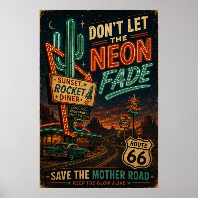 Route 66 Neon Diner Americana Road Trip Nätter Poster (Framsidan)