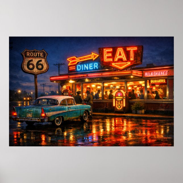 Route 66 Neon Diner Nätter Poster (Framsidan)