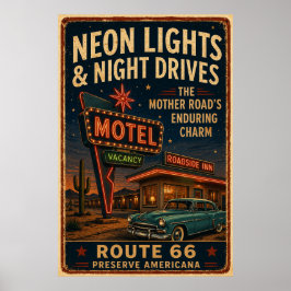 Route 66 Neon Motel Nattlig Körning Americana Deko Poster