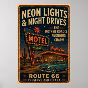 Route 66 Neon Motel Nattlig Körning Americana Deko Poster