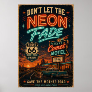 Route 66 Neon Motel Nattlig Körning Americana Stil Poster