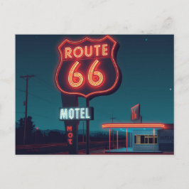 Route 66 Neon Motel Night Travel Art Helg Vykort