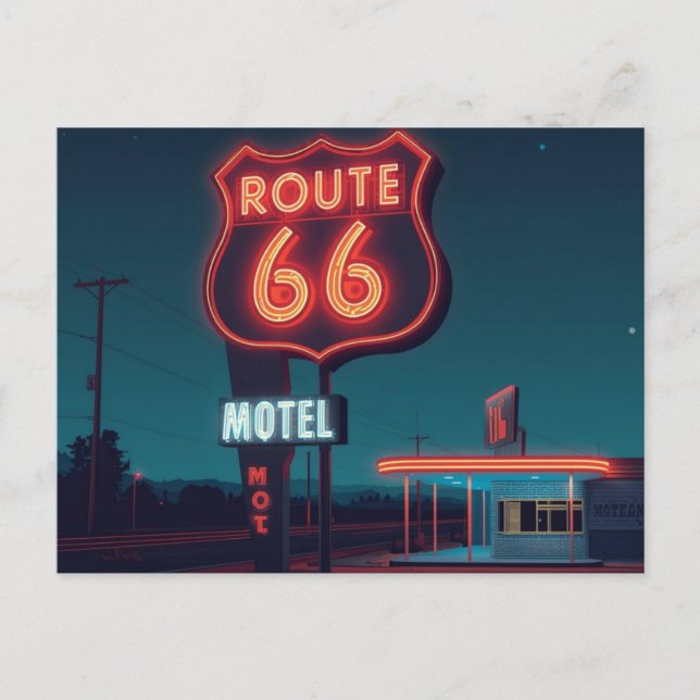 Route 66 Neon Motel Night Travel Art Helg Vykort (Framsida)