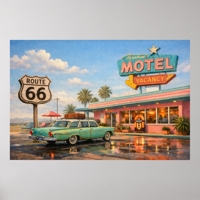 Route 66 Paradise Motel Roadside Glow Poster (Framsidan)