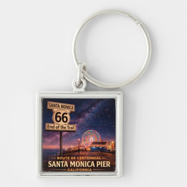 Route 66 Pier Keys Resminner Fyrkantig Silverfärgad Nyckelring (Framsidan)